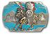 Indian Chief on Horse Stamped on Pewter Colored Belt Buckles with Turquoise Enamel