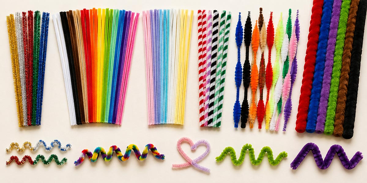 Assorted colorful pipe cleaners, chenille stems and chenille sticks arranged in a fan displaying a variety of craft colors and specialty styles.