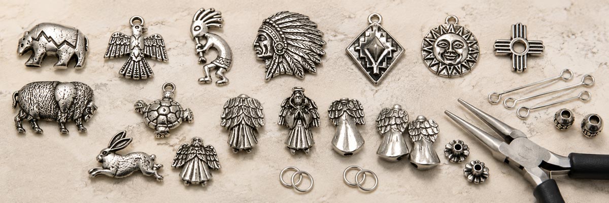 Pewter charms, pewter pendants and pewter beads for jewelry making including animal, Southwestern, Western, Native American and angel designs