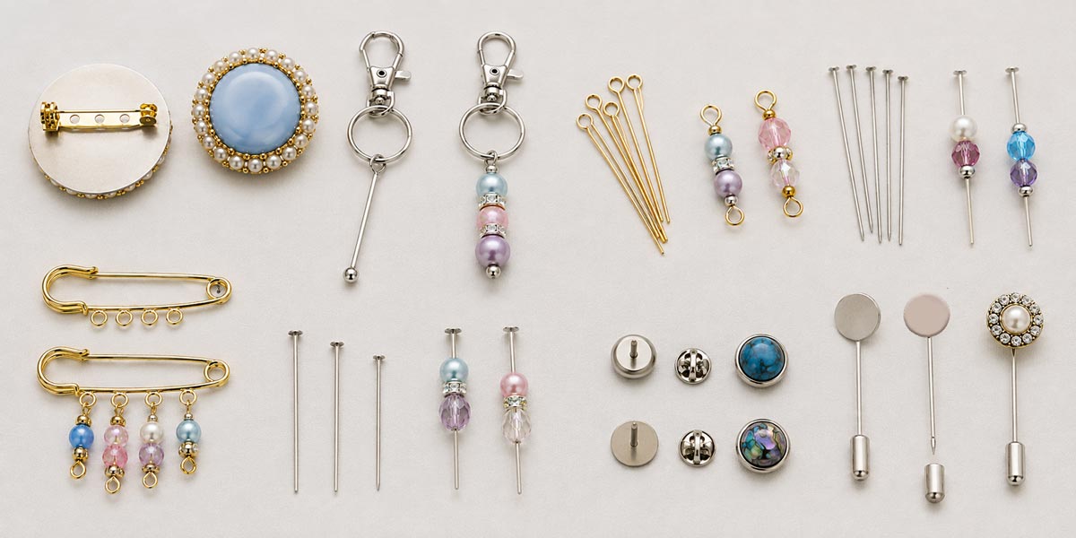 Jewelry pins including bar pins, brooch pin backs, head pins, eye pins and stick pins for jewelry making, beading and craft projects