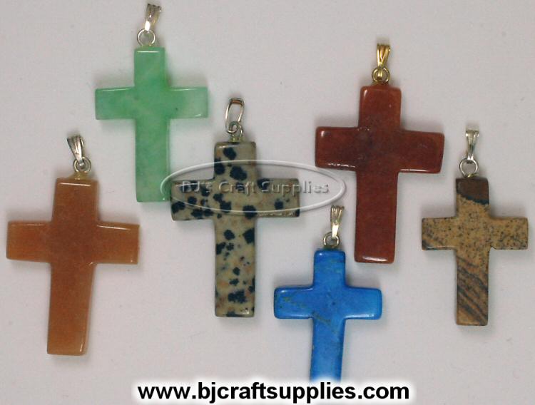 Gemstone cross pendants and stone cross charms, polished Jasper Agate Tiger Eye and Rose Quartz crosses for Christian jewelry making