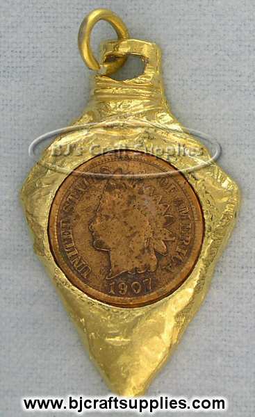 Indian Head coin arrowhead charm and pendant in textured gold tone metal setting for Western necklaces, bracelets and jewelry making