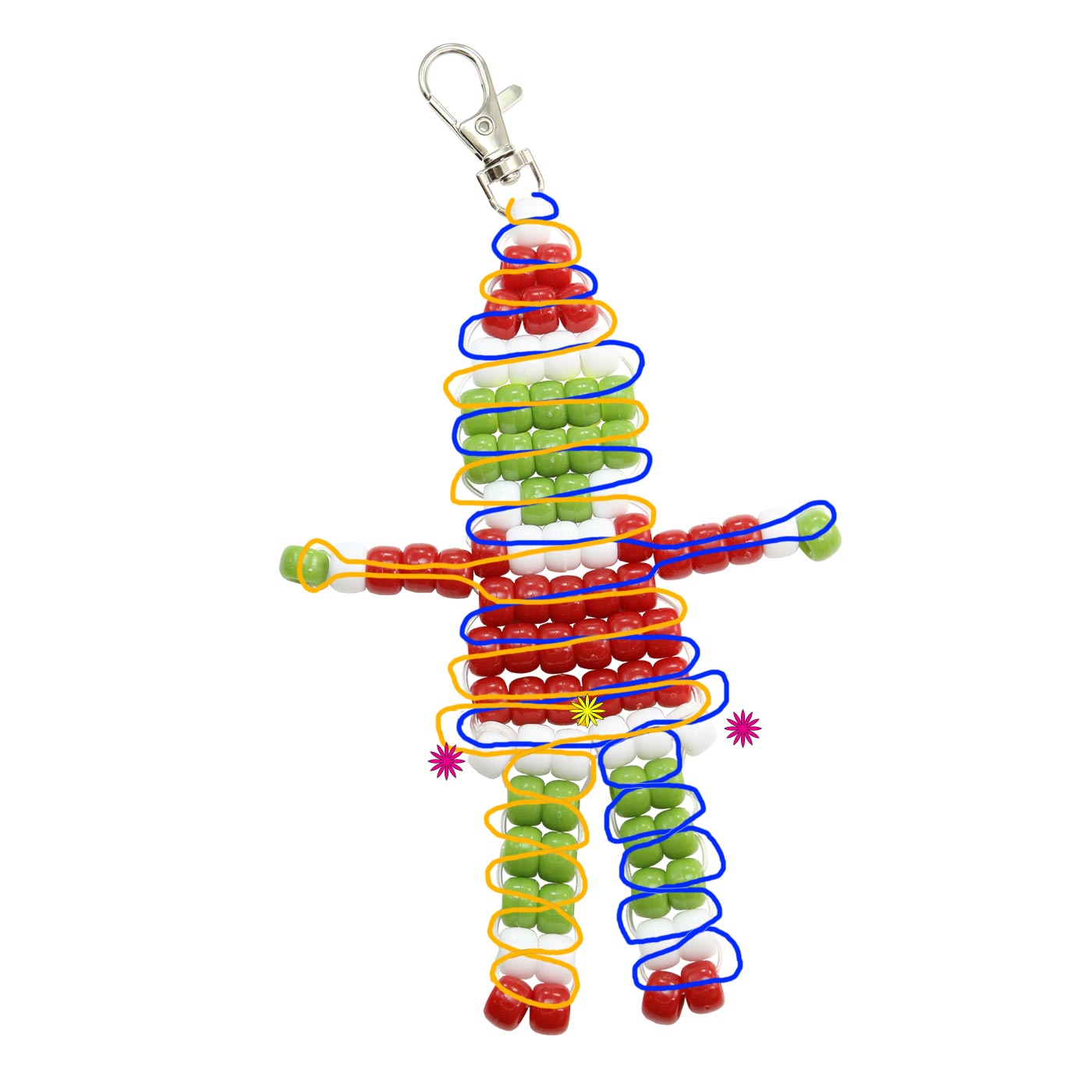 Free grinch pony bead keychain pattern showing the complete cord weaving path through each row of beads.