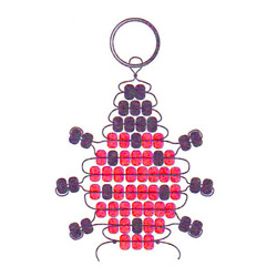 Ladybug pony bead pattern diagram showing bead placement and cord weaving paths for a beaded ladybug.