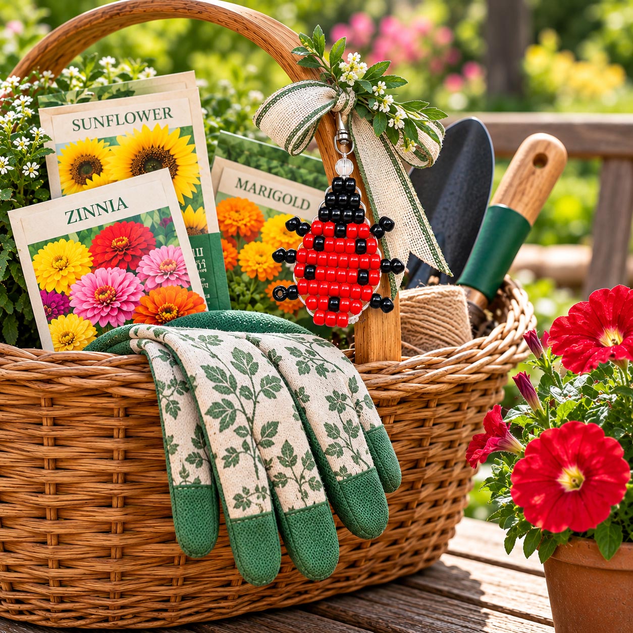 Pony bead ladybug ornament on a gardener's gift basket, a handmade garden craft and good luck gift idea