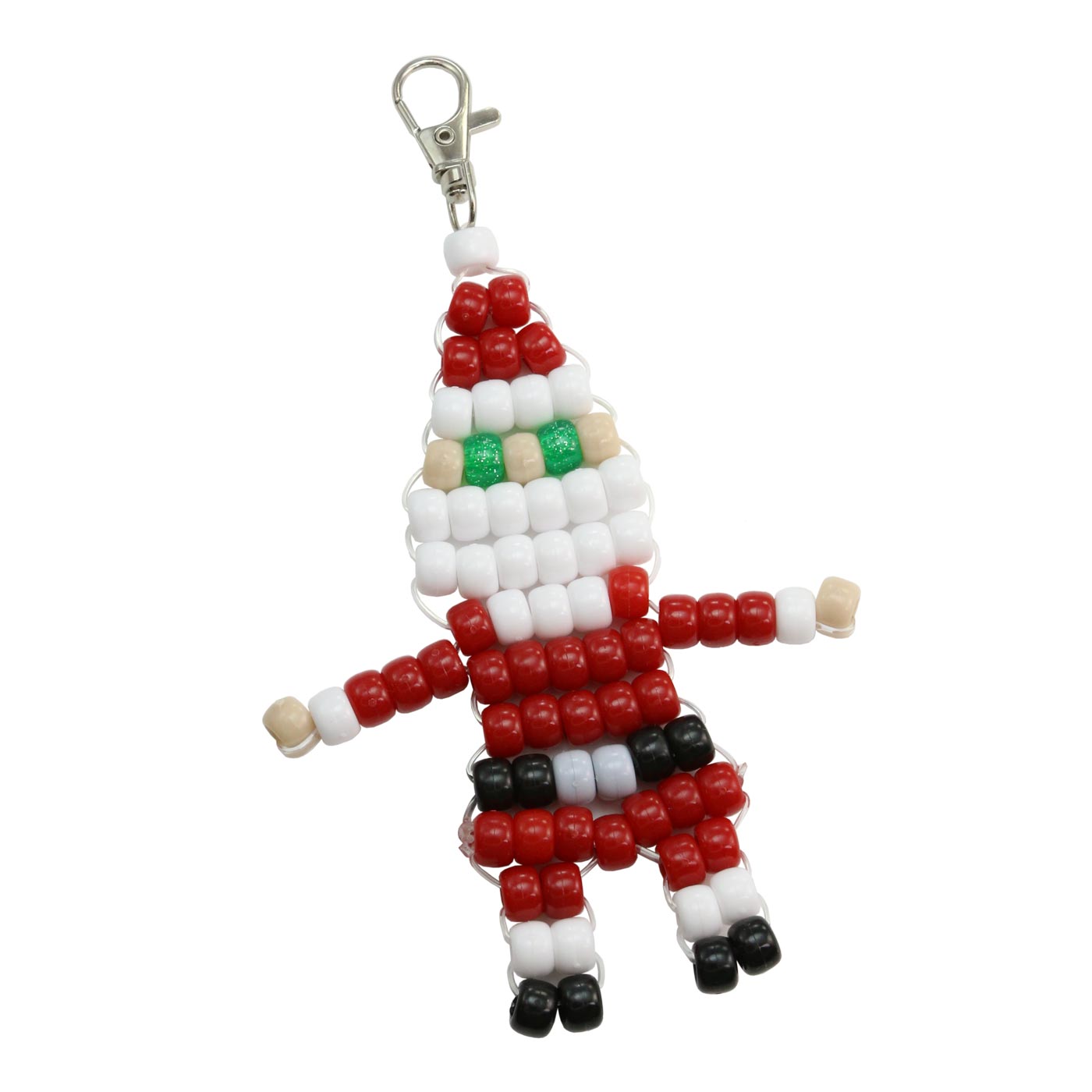 Free pony bead Santa Claus keychain pattern with illustrated instructions for a Christmas ornament