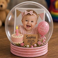 Baby's first birthday fillable ornament keepsake featuring a photo, birthday cake, balloon, and personalized decorations for nursery d�cor and milestone celebrations.