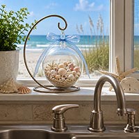 Clear fillable ornament craft idea filled with seashells and sand for beach d�cor, keepsakes, home decorating, memory crafts, and seasonal ornament projects.