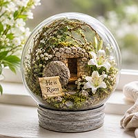 Resurrection Sunday fillable ornament keepsake featuring an empty tomb and He is Risen sign and Easter home d�cor for spring decorating.