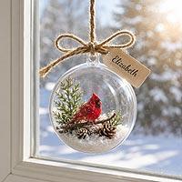 Cardinal fillable Christmas ornament featuring winter greenery and rustic holiday decorations for seasonal home d�cor.