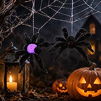 Small image of bump chenille and pom pom spiders in a spooky setting with lit pumpkins, spider webs and a haunted house in the background.