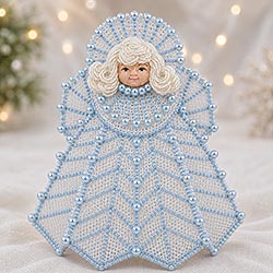 Handcrafted blue and white plastic canvas angel decorated with pearl beads and delicate stitching, standing as a Christmas holiday decoration.