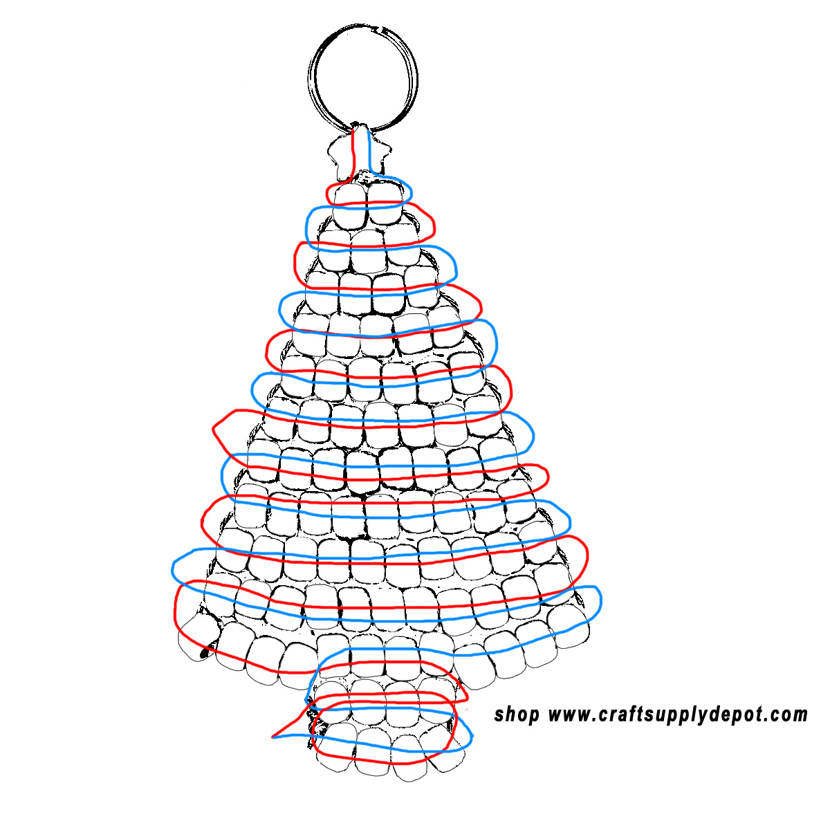Cord weaving pattern for beaded Christmas tree keychain.